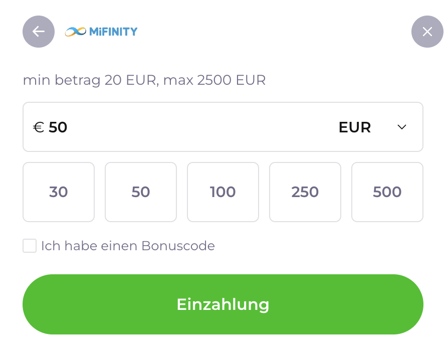 PlanGames Deutschland Einzahlungsseite mit MiFinity-Zahlungsmethode
