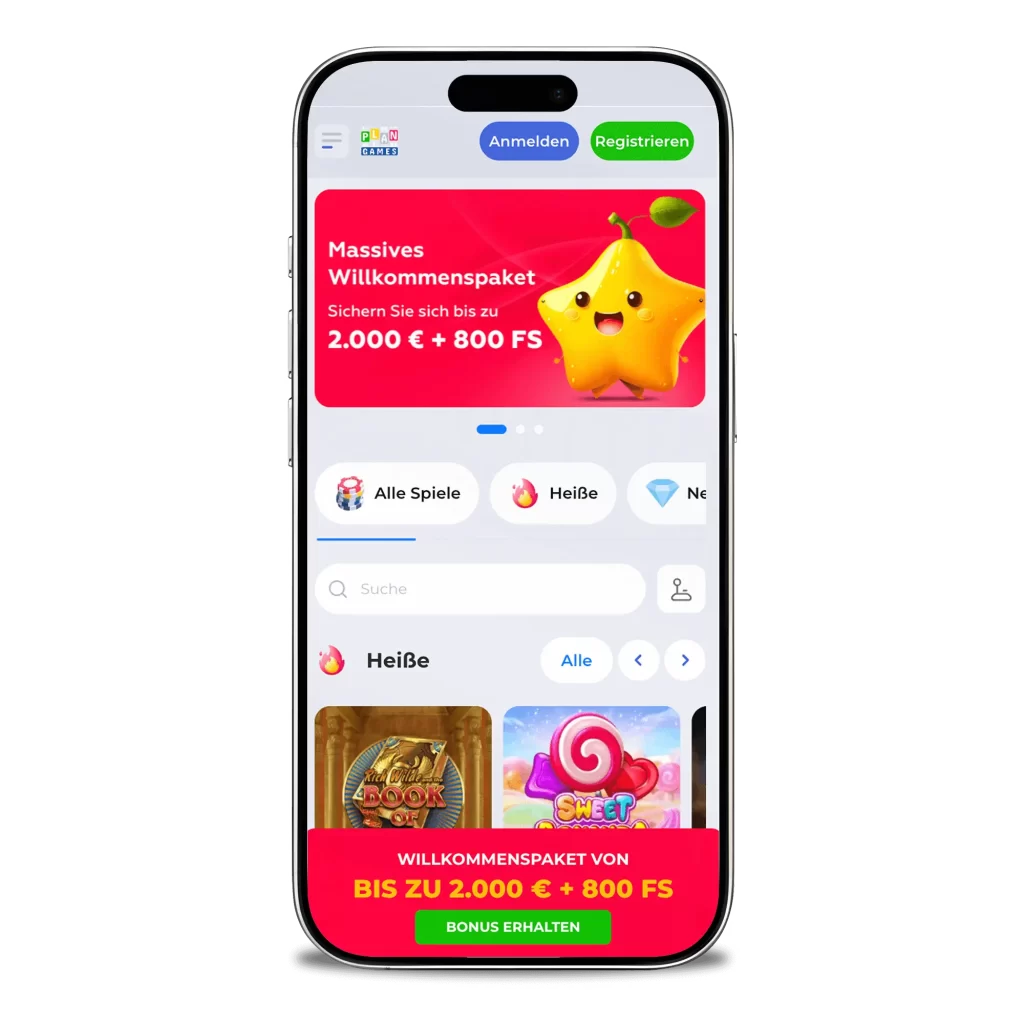 PlanGames Casino Startseite in der mobilen Ansicht mit Spielauswahl und Navigation