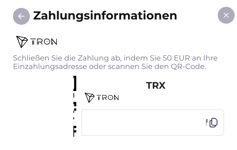PlanGames Online Casino Einzahlungsformular mit TRX-Kryptowährung