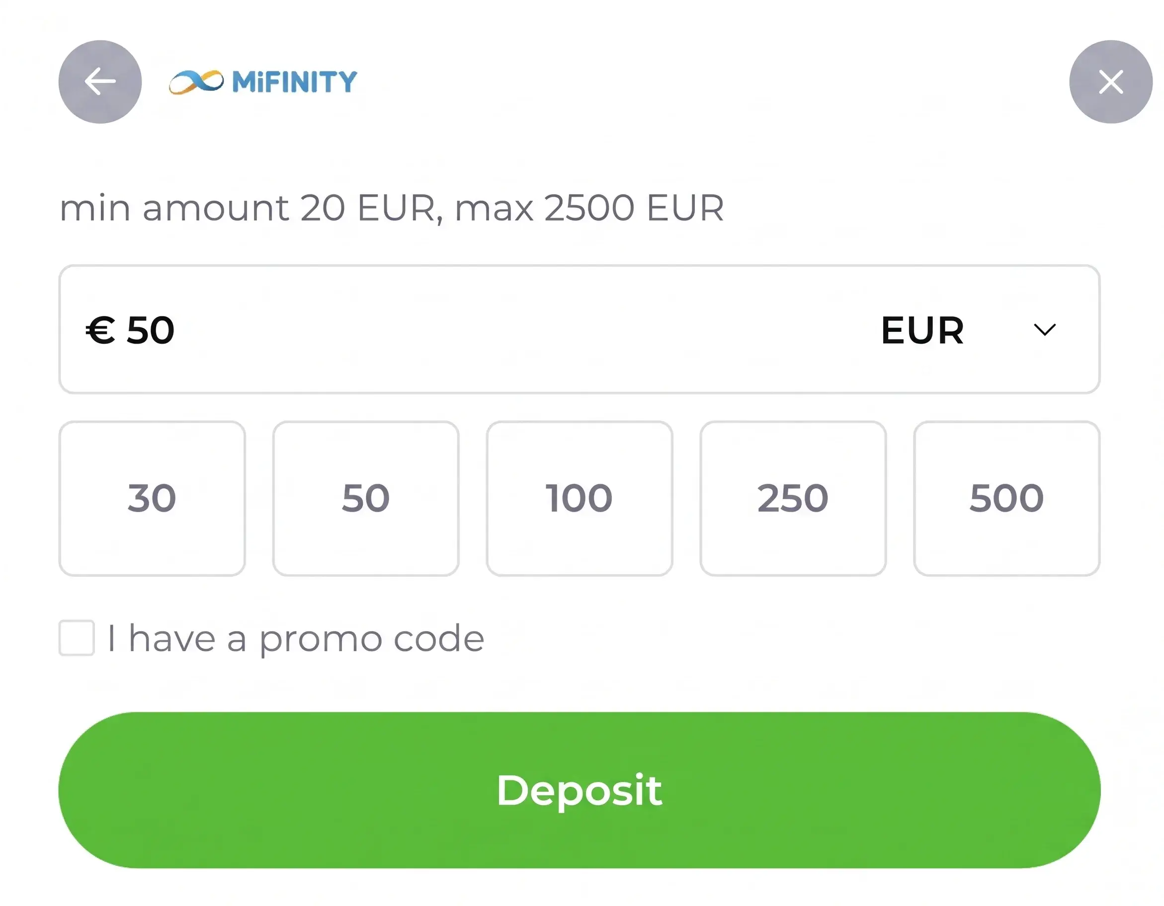 PlanGames Germany deposit page featuring the MiFinity payment method