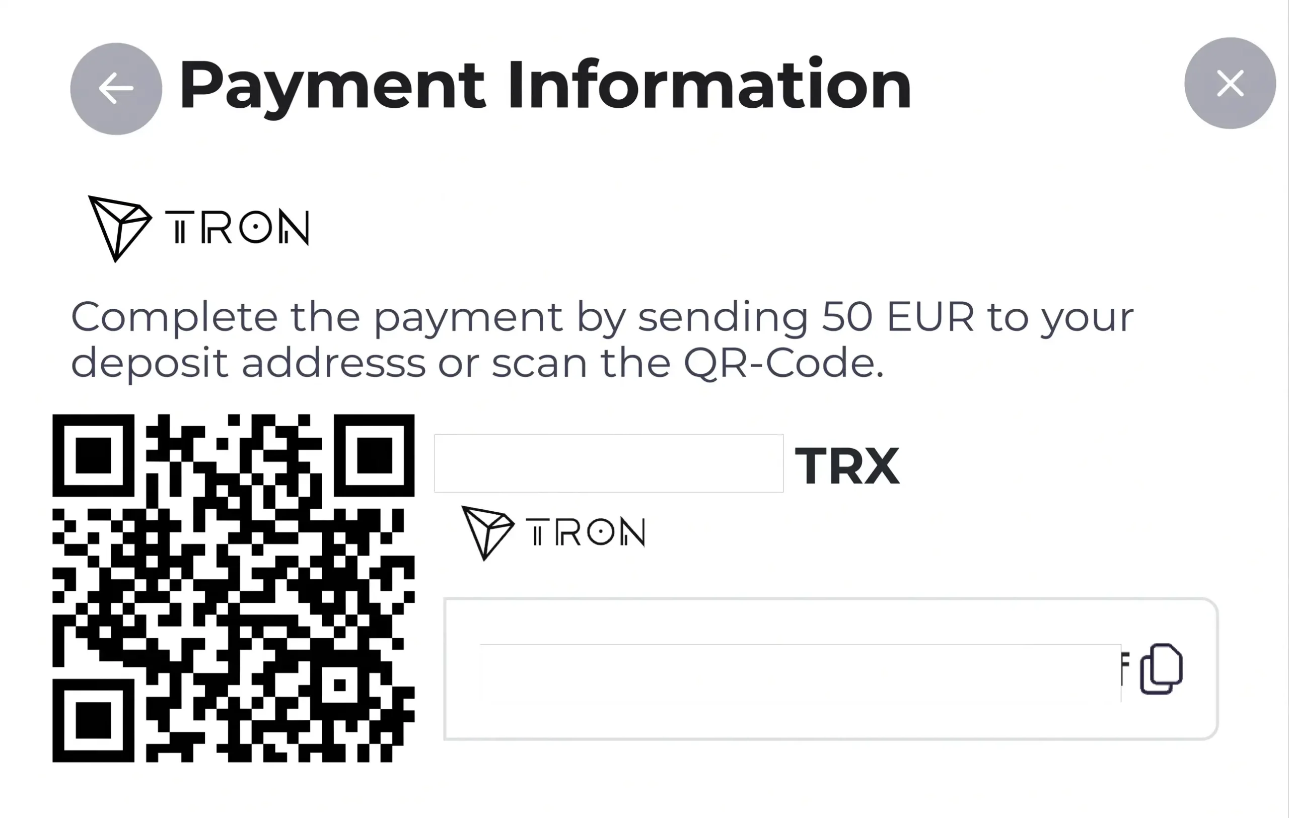 PlanGames online casino deposit form using TRX cryptocurrency