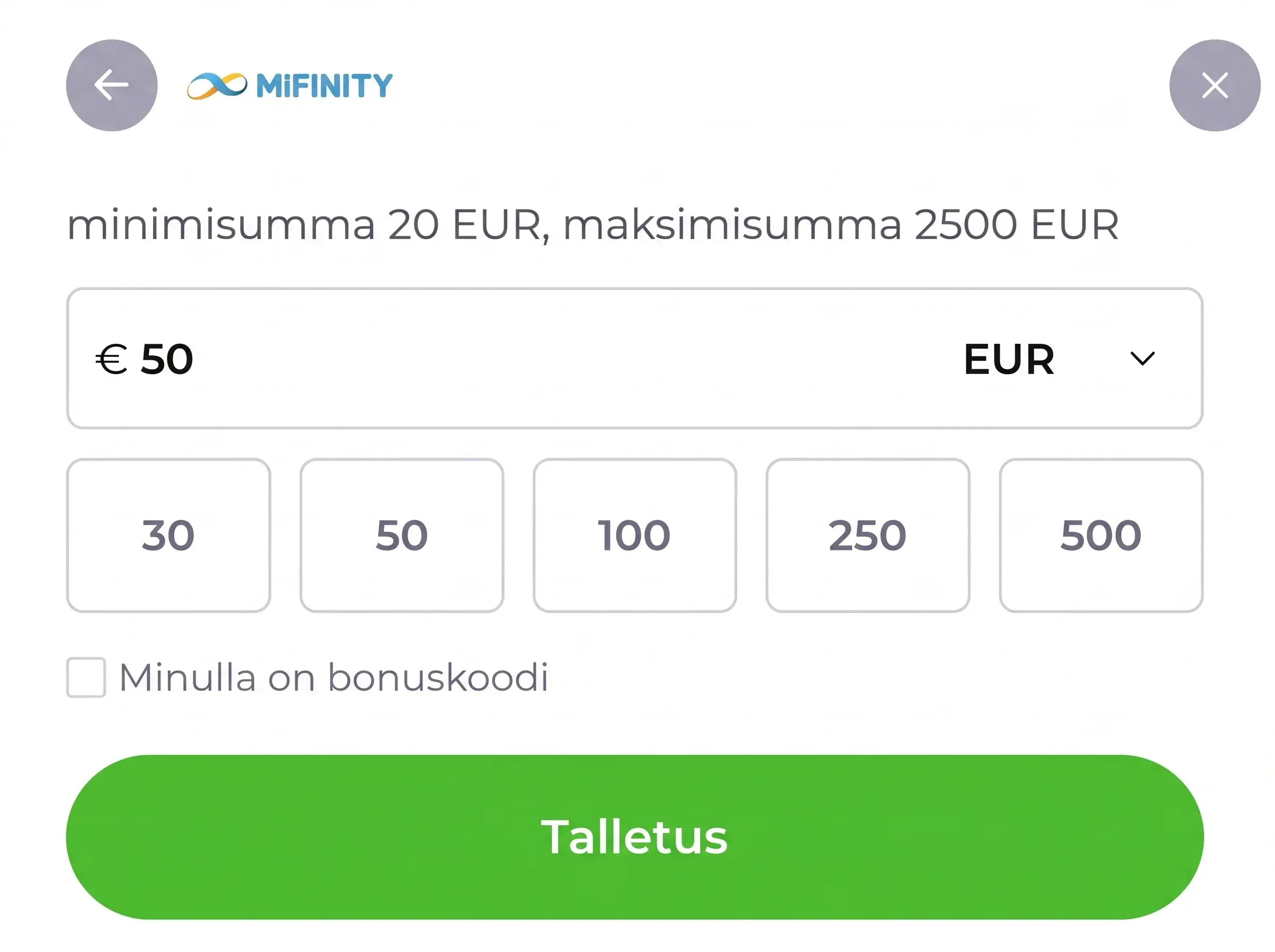 PlanGamesin Saksan talletussivu, jossa on MiFinity-maksutapa