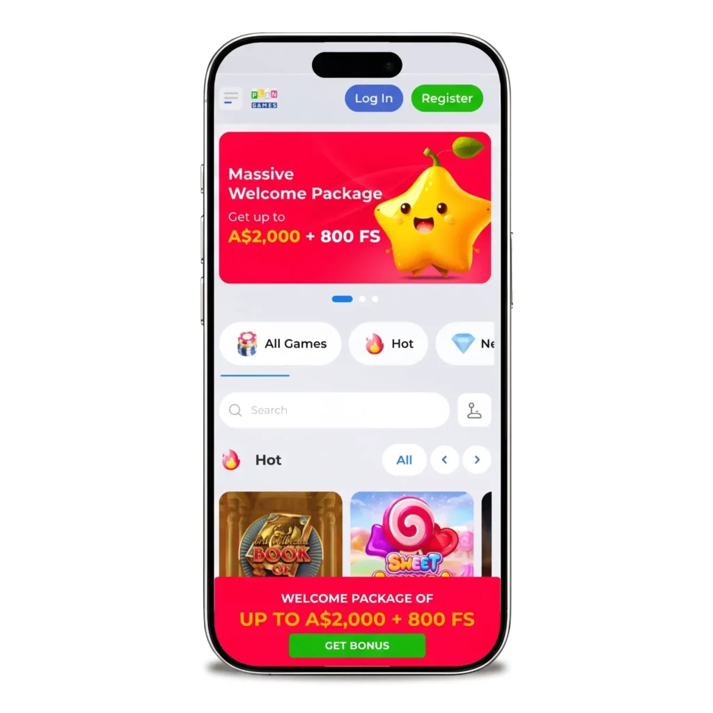 PlanGames Casino homepage in mobile view, featuring game selection and navigation
