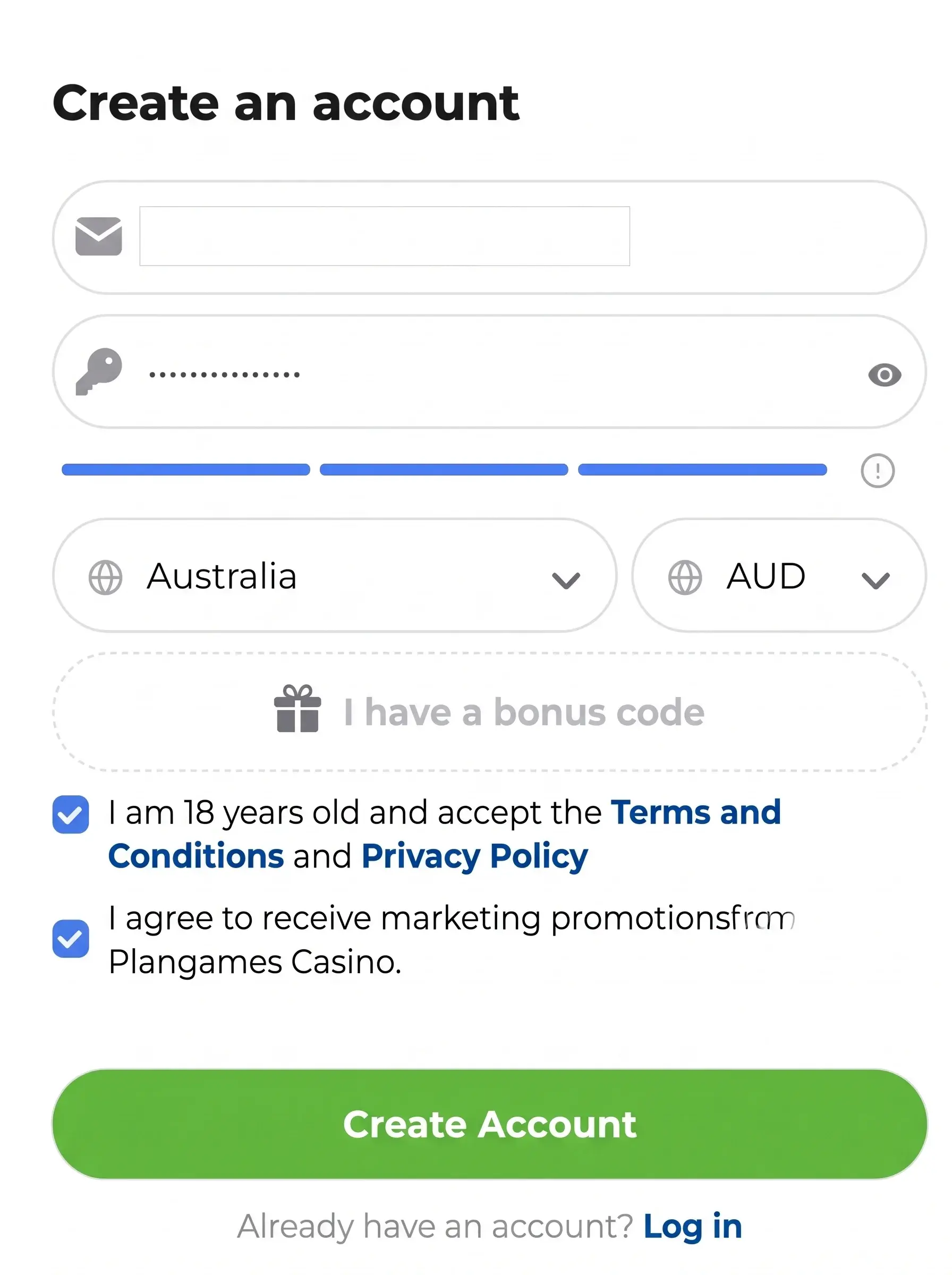 PlanGames Casino registration form for account creation