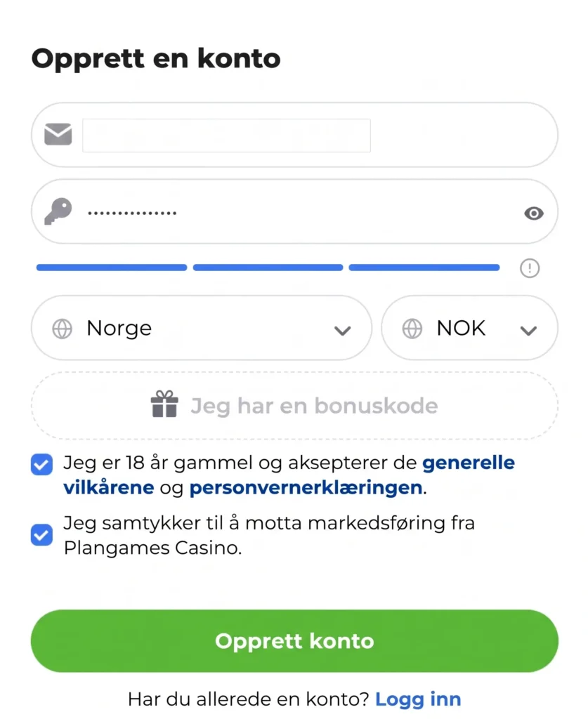 Registreringsskjema for opprettelse av konto hos PlanGames Casino