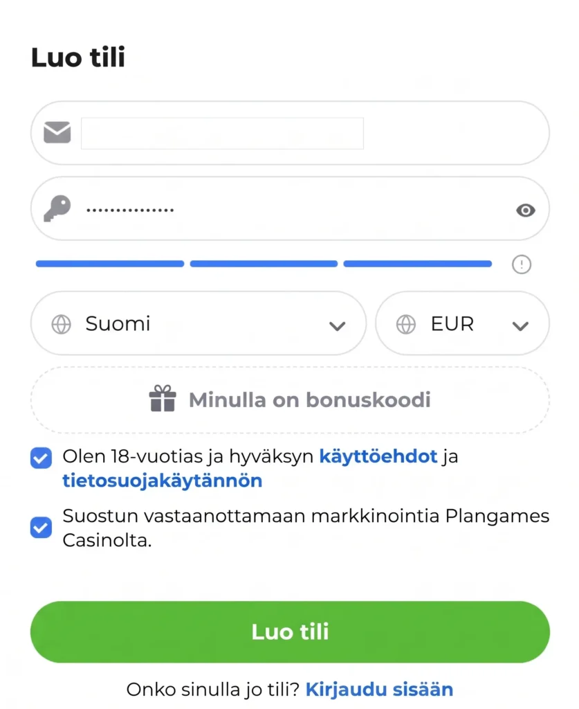 PlanGames Casinon rekisteröintilomake tilin luomiseksi